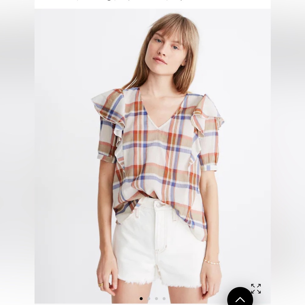 Madewell v-neck shoulder-ruffle top in shady plaid rusted tin